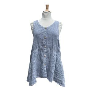 Citron Bleu Lagenlook Blue Linen Asymmetrical Top Size Medium